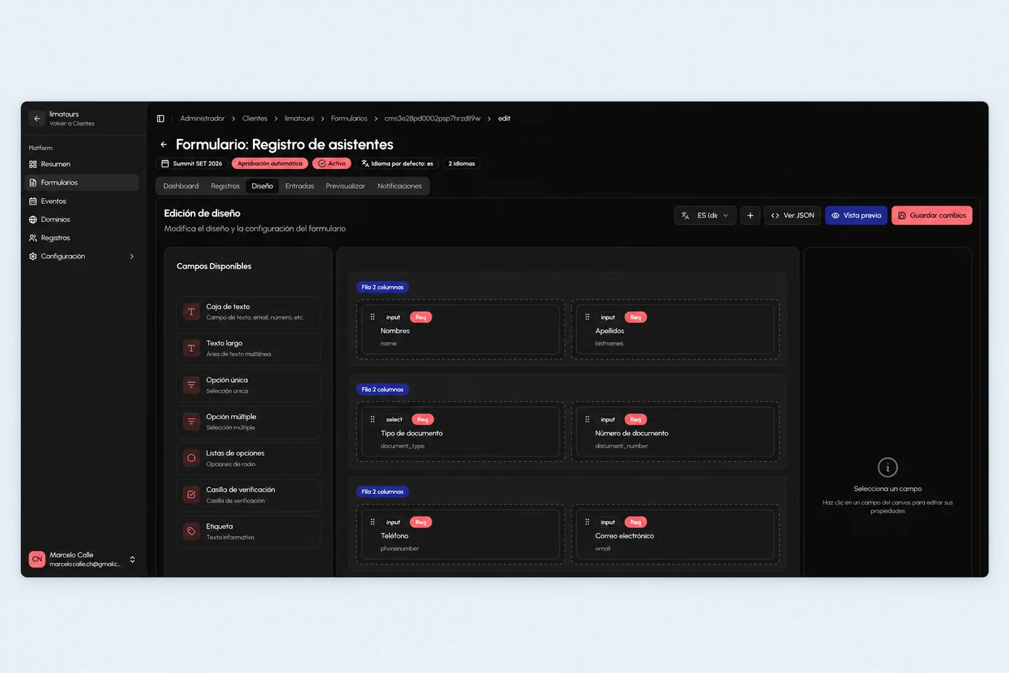 Editor de formularios de Infoexpert con campos de registro y diseño por columnas