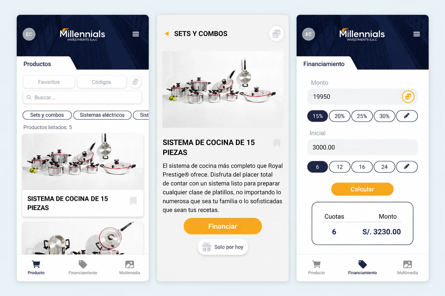 App Millennials con catálogo, detalle de producto y calculadora de financiamiento